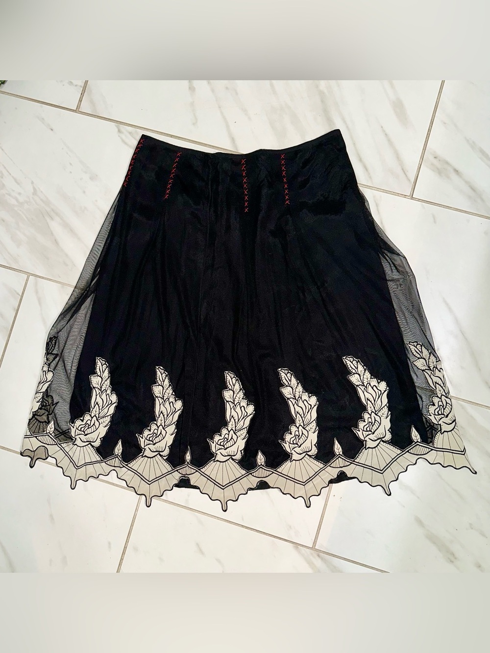 Black Mesh Skirt with Cream Floral Hem